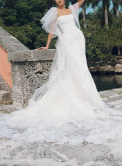 Ball Gown Off the Shoulder Cape Sleeves Chapel Train Crepe Satin Wedding Dress with Flower