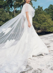Ball Gown Off the Shoulder Cape Sleeves Chapel Train Crepe Satin Wedding Dress with Flower