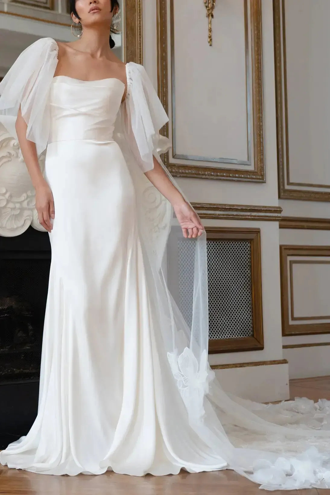 Ball Gown Off the Shoulder Cape Sleeves Chapel Train Crepe Satin Wedding Dress with Flower
