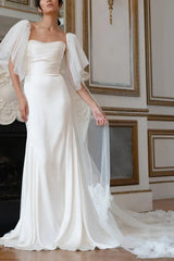 Ball Gown Off the Shoulder Cape Sleeves Chapel Train Crepe Satin Wedding Dress with Flower