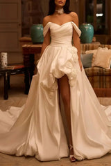 Ball Gown Off the Shoulder Sleeveless Cathedral Satin Wedding Dress with Flowers