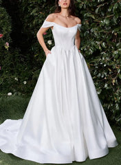 Ball Gown Off the Shoulder Sleeveless Court Train Matte Satin Wedding Dress with Pockets