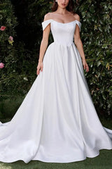 Ball Gown Off the Shoulder Sleeveless Court Train Matte Satin Wedding Dress with Pockets