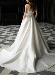 Ball Gown Off the Shoulder Sleeveless Court Train Satin Wedding Dress