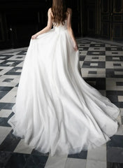 Ball Gown One Shoulder Sleeveless Chapel Train Chiffon Wedding Dress with Pockets