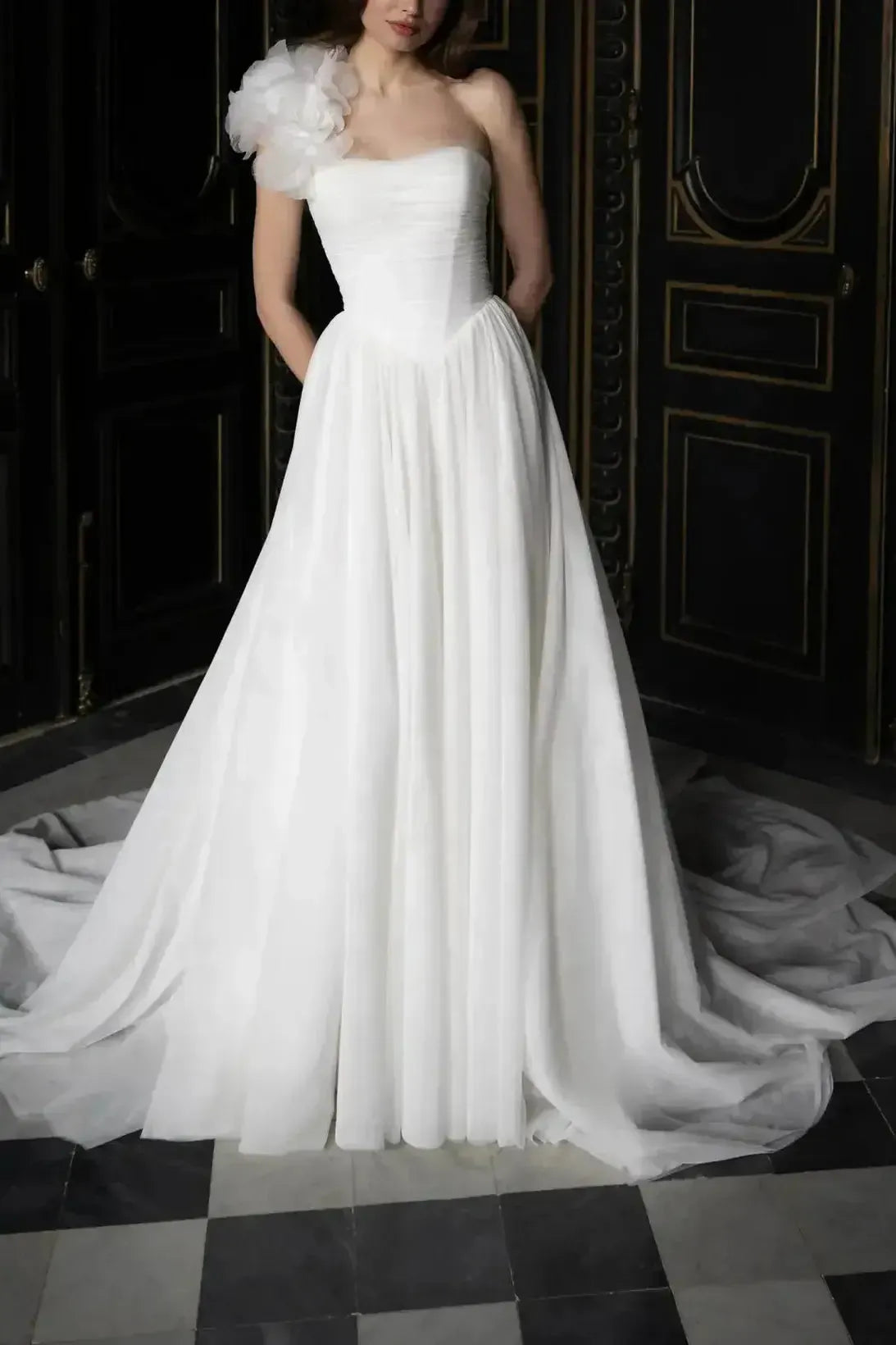 Ball Gown One Shoulder Sleeveless Chapel Train Chiffon Wedding Dress with Pockets