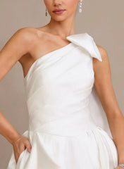Ball Gown One Shoulder Sleeveless Chapel Train Satin Wedding Dress with Bow