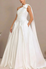 Ball Gown One Shoulder Sleeveless Chapel Train Satin Wedding Dress with Bow