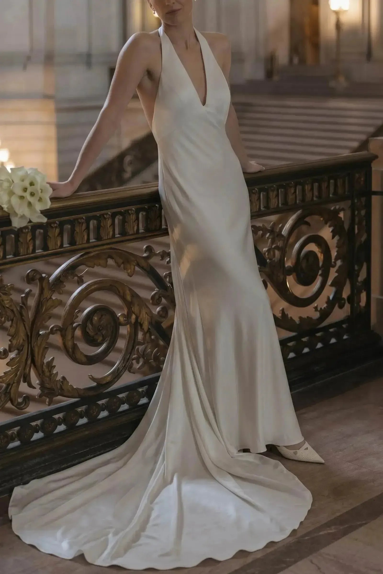 Ball Gown Plunge Neck Sleeveless Chapel Train Crepe Satin Wedding Dress