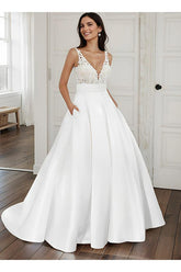 Ball-Gown Satin V-Neck Wedding Dresses With Pockets