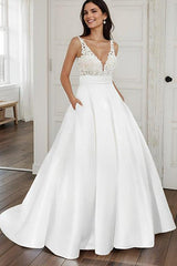 Ball-Gown Satin V-Neck Wedding Dresses With Pockets