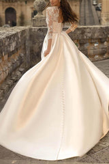 Ball-Gown Satin Wedding Dresses with Classic Lace Sleeves