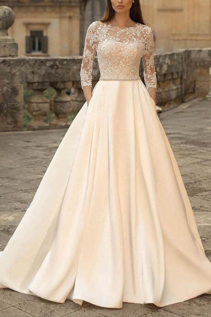 Ball-Gown Satin Wedding Dresses with Classic Lace Sleeves