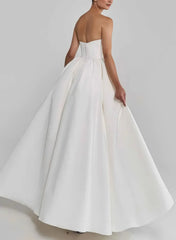 Ball Gown Strapless Sleeveless Floor Length Satin Wedding Dress with Pockets
