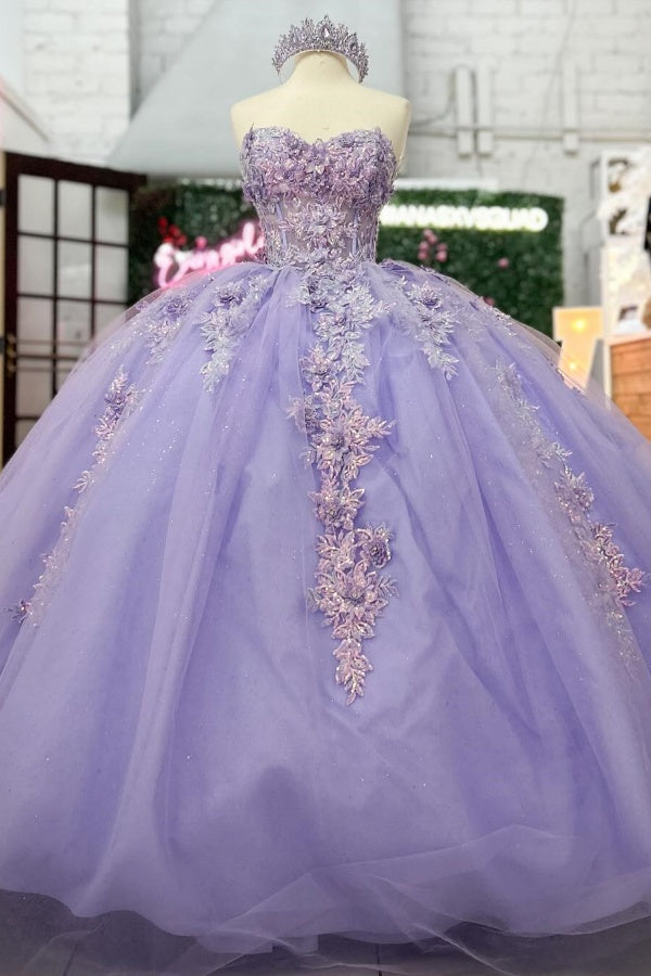 Ball Gown Strapless Sleeveless Fully Sequins Flower Appliques Pleated Lilac Tulle Quinceanera Dress Evening Formal Gown Birthday Party Dress For Sweet 16