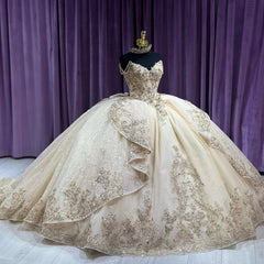 Ball Gown Sweetheart Neck Spaghetti Straps Lace Appliques Beaded Tiered Ruffles Champagne Tulle Quinceanera Dress Ball Gown For Sweet 16