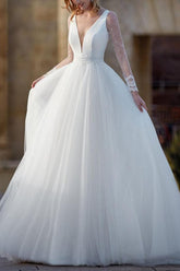 Ball-Gown Tulle Wedding Dresses with Long Sleeves and V-Neck