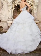 Ball Gown V Neck Sleeveless Chapel Train Satin Organza Wedding Dress with Appliques