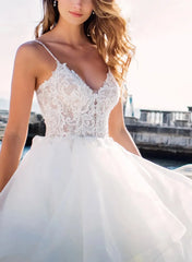 Ball Gown V Neck Sleeveless Chapel Train Satin Organza Wedding Dress with Appliques