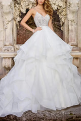 Ball Gown V Neck Sleeveless Chapel Train Satin Organza Wedding Dress with Appliques