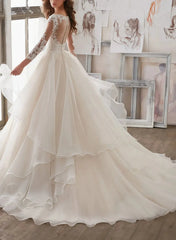 Ball Gown V Neck Three Quarter Sleeves Court Train Satin Organza Wedding Dress with Appliques