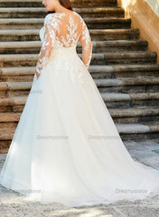 Ball-Gown/Princess Illusion Neck Sweep Train Organza Plus Size Wedding Dress With Lace Appliques