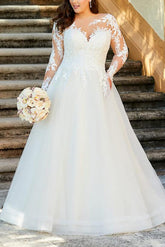 Ball-Gown/Princess Illusion Neck Sweep Train Organza Plus Size Wedding Dress With Lace Appliques