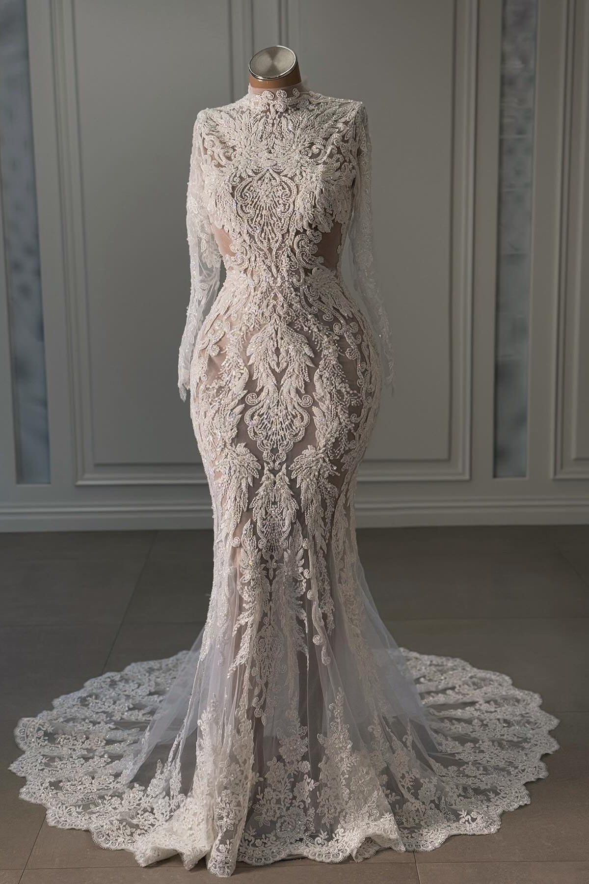 Beach Wedding Dress Mermaid Lace Beaded High Neck Sleeves Chapel Train Bridal Gown