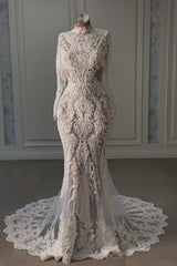 Beach Wedding Dress Mermaid Lace Beaded High Neck Sleeves Chapel Train Bridal Gown