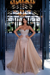 Beaded Evening Dress Sweetheart Chamapgne Panel Train Prom Formal Dress