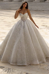 Beaded Lace Ball Gown Wedding Dress with Sheer Corset Bodice and Long Train