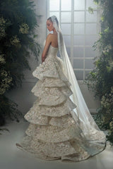 Beaded Lace Mermaid Wedding Dress with Cascading Ruffles and 3D Flowers