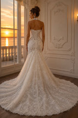 Beaded Lace Mermaid Wedding Dress with Strapless Corset Bodice