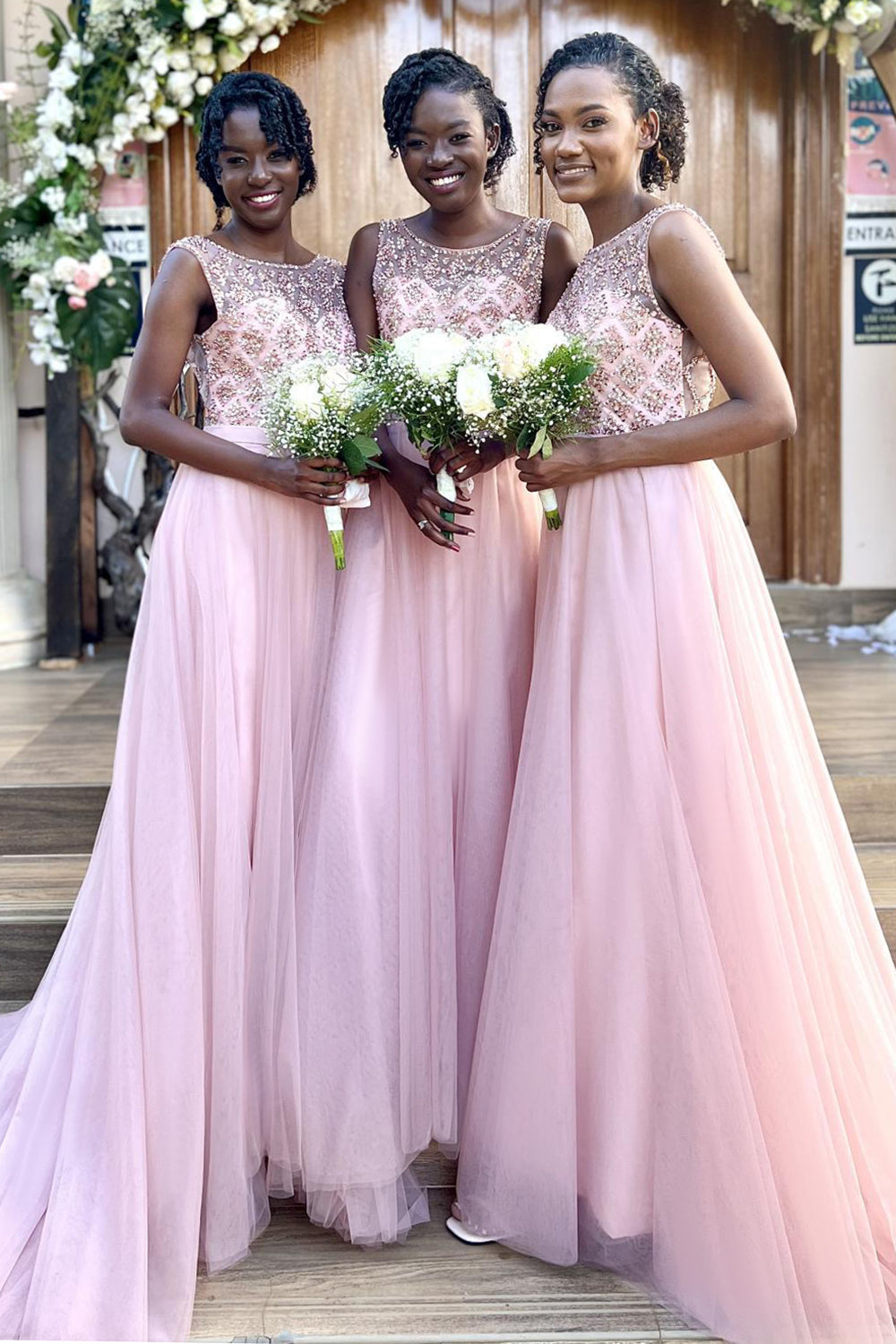 Beaded Long Tulle Bridesmaid Evening Dress