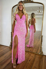 Beaded Prom Dress With Deep V Neck Slit And Open Back Formal Evening Gown