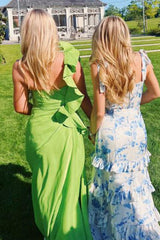 Beautiful A Line Sweetheart Blue Printed Long Prom Dress With Ruffles Formal Evening Gown