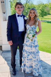 Beautiful A Line Sweetheart Blue Printed Long Prom Dress With Ruffles Formal Evening Gown
