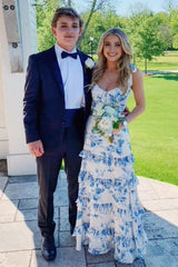 Beautiful A Line Sweetheart Blue Printed Long Prom Dress With Ruffles Formal Evening Gown