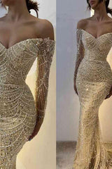 Beautiful Off The Shoulder Long Sleeves Prom Dress Mermaid Pearls With Beads