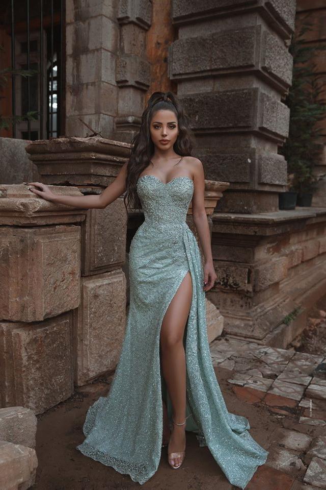 Beautiful Shining Crystal Sweetheart Sleeveless Prom Dress With Split A Line Evening Gowns
