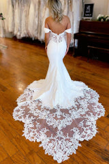 Beautiful White Boho Mermaid Off-the-Shoulder Long Beach Wedding Dress with Lace