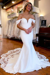 Beautiful White Boho Mermaid Off-the-Shoulder Long Beach Wedding Dress with Lace