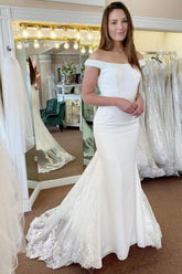 Beautiful White Off-the-Shoulder Long Mermaid Beach Wedding Dress with Lace