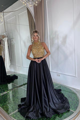 Black A Line Prom Dress Sleeveless High Neck Beaded Evening Dress