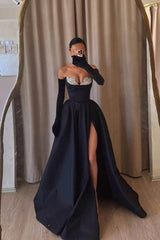 Black A Line Prom Dress Sleeveless Sweetheart Beaded Evening Dress