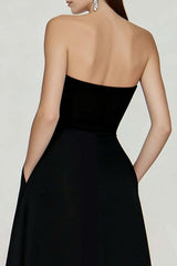 Black And White A Line Strapless Long Prom Dress With Slit