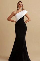Black And White Mermaid One Shoulder Long Satin Evening Dress