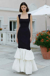 Black And White Mermaid Tiered Thick Straps Long Prom Dress