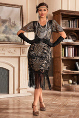 Black Apricot V-Neck Batwing Sleeve Fringe 1920s Gatsby Dress