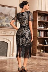 Black Apricot V-Neck Batwing Sleeve Fringe 1920s Gatsby Dress